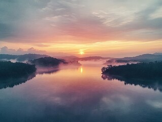 Fototapeta premium Aerial View of Tranquil Lake at Sunset with Mist and Pastel Colors