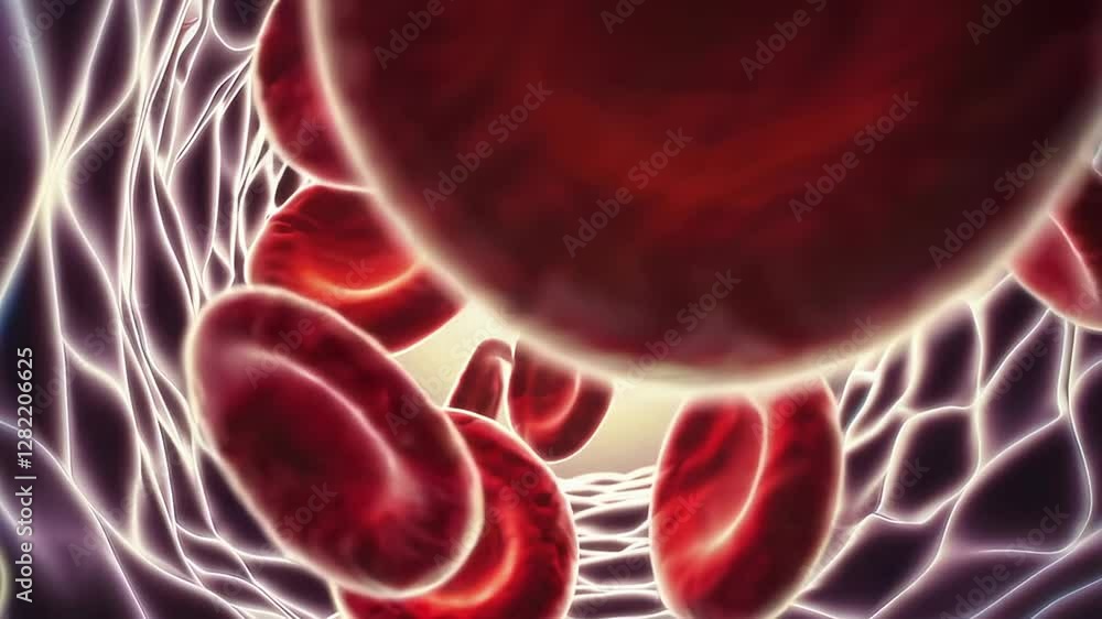 Poster microscopic nanorobot navigating through narrow blood vessel, delicately interacting with red blood 