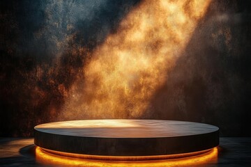 Illuminated Grey Marble Stage with Soft Golden Light and Textured Dark Background