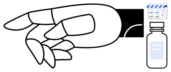 Robotic hand reaching towards a medication bottle, production timeline chart in the background. Ideal for healthcare automation, robotics, biotechnology, pharmacology, production processes, future