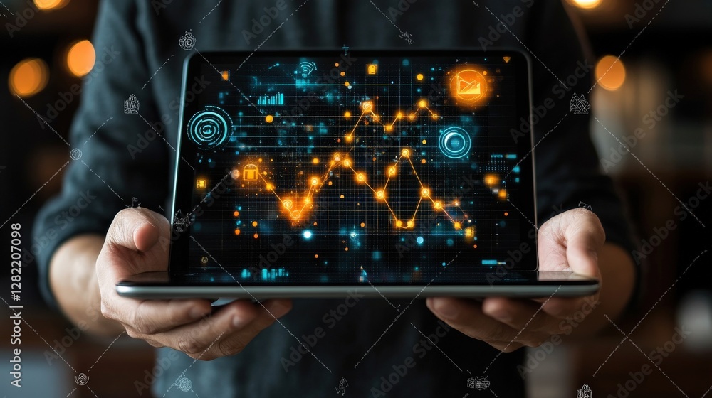 Poster person holding a laptop displaying data analytics with glowing graphs and icons in a cozy setting