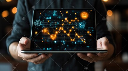 Person holding a laptop displaying data analytics with glowing graphs and icons in a cozy setting