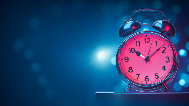 Vintage alarm clock glowing against blue bokeh background