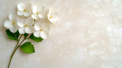 White flowers on beige marble; space for text; sympathy card