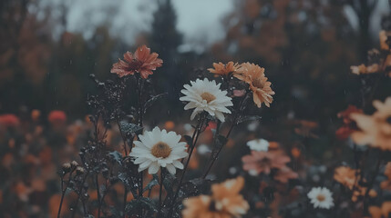 Autumn rain, flowers, garden, moody background, nature photography
