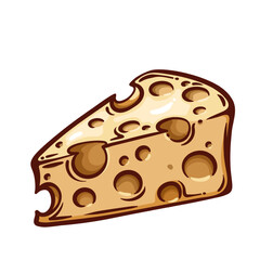 Emmental cheese triangle slice line icon. Outline hand drawn yellow Swiss cheese with holes texture for eating and cooking. Dairy product mascot, tasty Emmental piece icon vector illustration