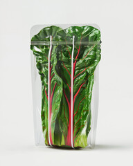 Freshly packaged Swiss chard in a transparent bag showing vibrant colors and leafy textures