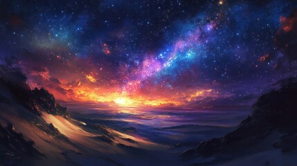 Colorful sunset, starry night sky, desert landscape, fantasy art, background