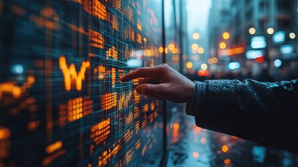 Person interacting with a digital display of stock market data in a rainy urban environment