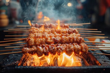 Indonesian Chicken Satay Grilled on Charcoal Skewers with Spicy Peanut Sauce in Vibrant Street Food Scene
