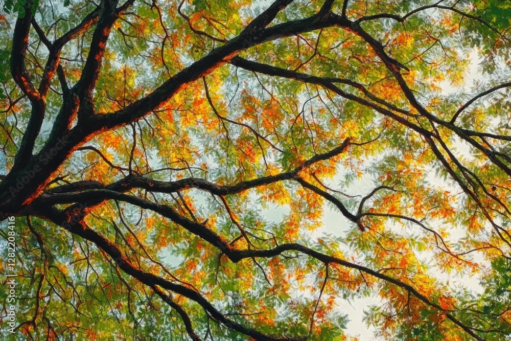 Poster lush green foliage view under large tree in spring with sunlight filtering through leaves