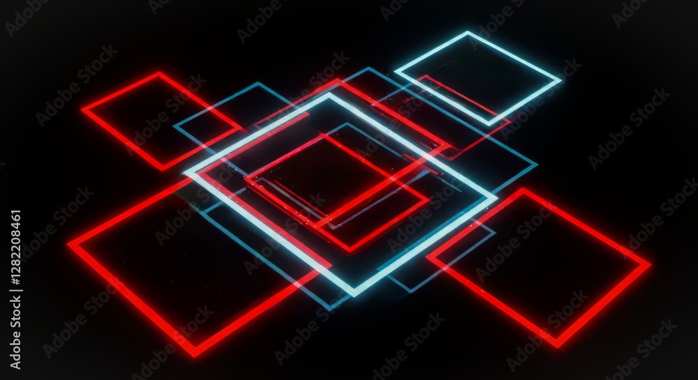 Poster black background with red and blue squares. the squares are lit up and appear to be in motion. for b