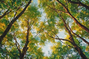 Lush Green Canopy of Leaves and Sunlight Filtering Through Branches in Spring