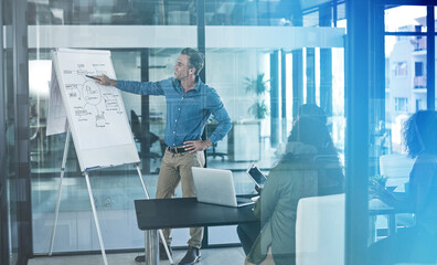 Businessman, glass or whiteboard presentation for planning, project or organizing task in office....