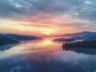 Obraz premium Aerial View of Tranquil Lake at Sunset with Mist and Pastel Sky in Serene Impressionism Style