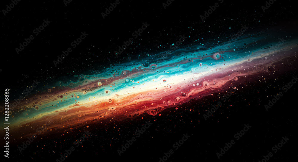 Poster long line of colorful dots in the sky. the dots are in different colors and sizes. the line is very 