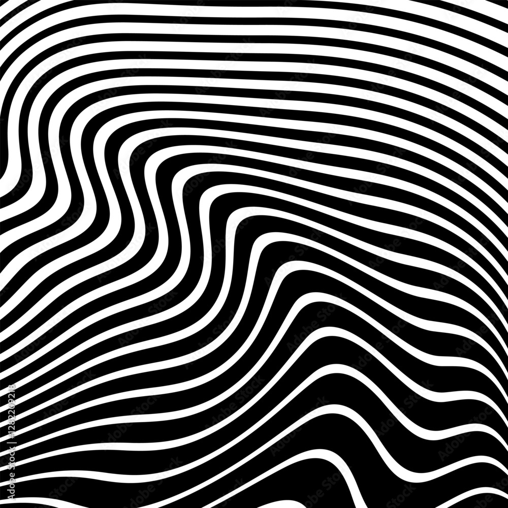 Wall mural wavy lines op art pattern with 3d illusion effect. black and white texture. abstract halftone backgr