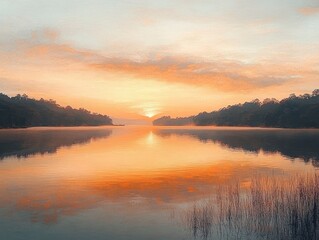 Fototapeta premium Tranquil Sunrise at Sermo Lake Yogyakarta Indonesia with Soft Pastel Colors and Reflections