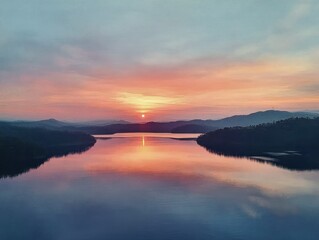 Obraz premium Aerial View of Serene Sermo Lake at Sunset with Reflection of Hills in Turquoise Water