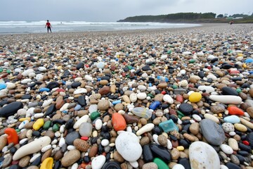 A Peaceful Beach Scene Featuring a Diverse Collection of Colorful Pebbles and a Lone Person Walking Along the Shoreline Near a Glistening Ocean on a Overcast Day