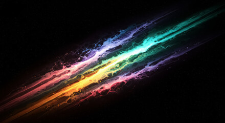 Obraz premium Colorful line of light in the sky. The line is made up of many different colors. The colors are red, orange, yellow, green, blue, and purple. For background, copy space