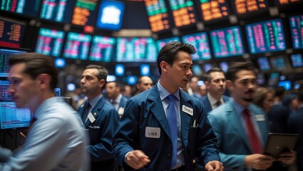 Traders actively engaged in stock market transactions at a bustling exchange floor during business hours