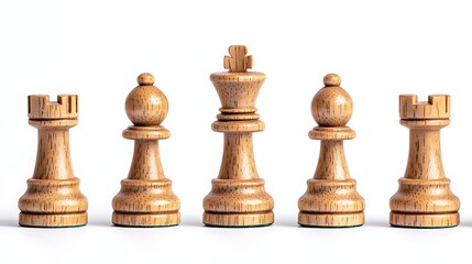 Array of Chess Pieces Five Wooden Game Elements on White Background