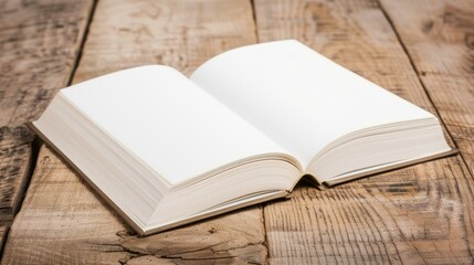 Fototapeta premium A clean mockup of a blank book on a wooden table, perfect for branding showcases and design presentations.