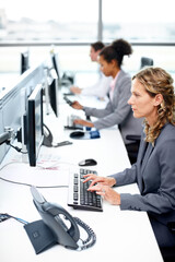 Business, woman and typing on computer in coworking office for policy renewal, assess claims or email response. Insurance agent, people and technology for customer service and help with cover package