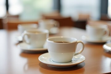 Obraz premium A Table Set with Multiple White Coffee Cups Ready for Serving in a Bright Cafe Environment Filled with Natural Light