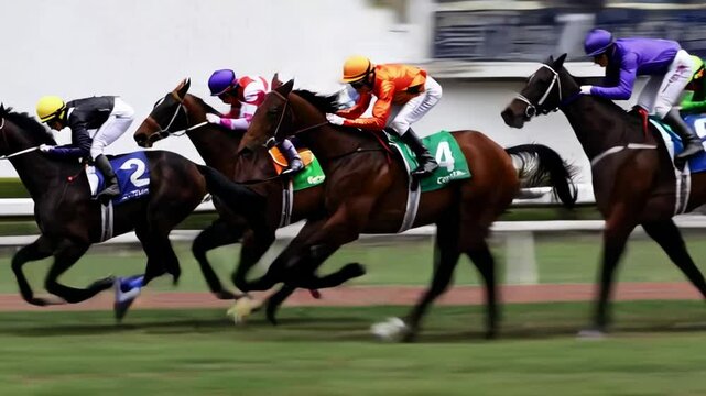 Thoroughbred horses galloping at high speed with professional jockeys racing intensely during competitive equestrian event, captured in dramatic slow motion footage