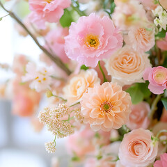 Elegant bouquet of pastel colored flowers including roses, peonies, and dahlias in soft lighting arrangement