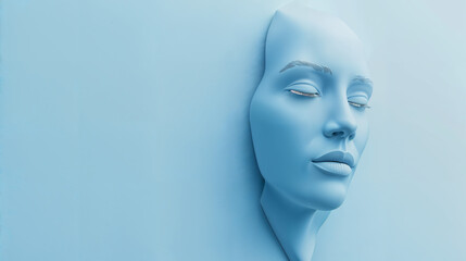 Artistic representation of a serene face blending into a blue background in a modern, conceptual display