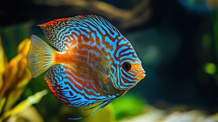 A vibrant tropical fish with striking blue and orange patterns swimming in an aquarium.