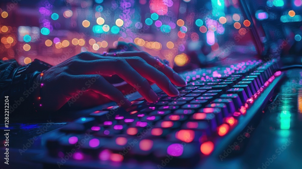 Poster hands typing on keyboard, colorful bokeh background, gaming or coding