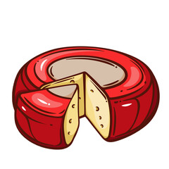 Gouda whole round head and cut piece in shape of triangle line icon. Outline hand drawn cheese wheel in red packaging. Dairy product menu, Dutch cuisine mascot, Gouda icon vector illustration