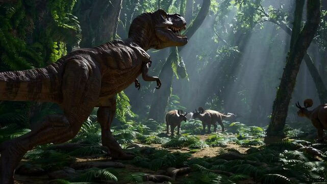 Fearsome tyrannosaurus rex pursuing pentaceratops through verdant prehistoric jungle, sunlight filtering between dense foliage during intense predator prey chase sequence