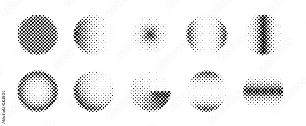 Poster set of black halftone dottted backgrounds. modern abstract comic style halftone pattern in circle fo
