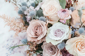 Delicate bouquet of pastel roses, peonies, and wildflowers, beautifully arranged against a soft pink background, evoking romantic charm and elegance