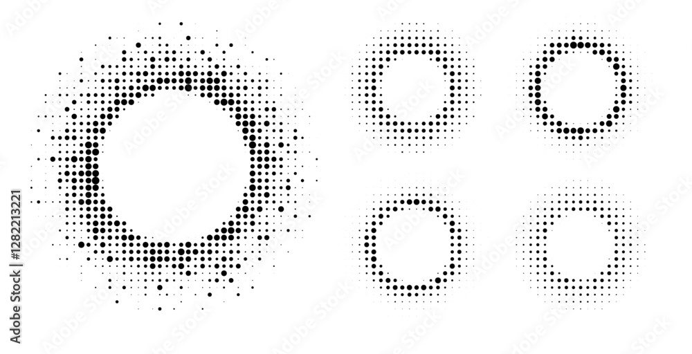 Poster Set of halftone textures featuring circular dot patterns on a white background, each with varying densities and arrangements. The minimal design highlights texture diversity, contrast, and form.