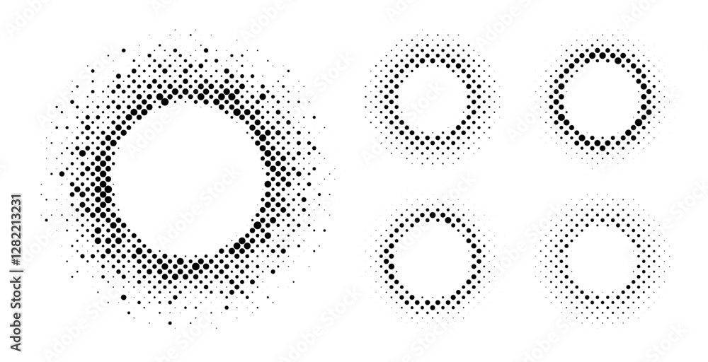 Poster Set of halftone textures featuring circular dot patterns on a white background, each with varying densities and arrangements. The minimal design highlights texture diversity, contrast, and form.