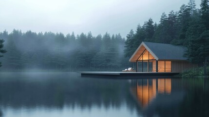 Lake House at Dusk: Modern Architecture in Misty Forest