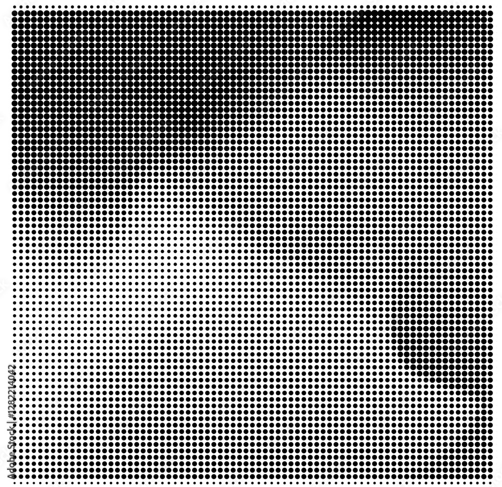Poster halftone texture composed of evenly spaced black dots, creating a gradient from dark to light. This design highlights texture and depth through varying dot shades and density.