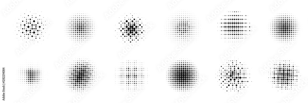 Poster Set of halftone textures featuring circular dot patterns on a white background, each with varying densities and arrangements. The minimal design highlights texture diversity, contrast, and form.