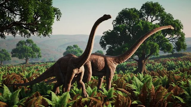 Two diplodocus dinosaurs stroll through a vibrant prehistoric valley filled with ferns and trees, their long necks reaching high, captured in a mesmerizing slow motion sequence
