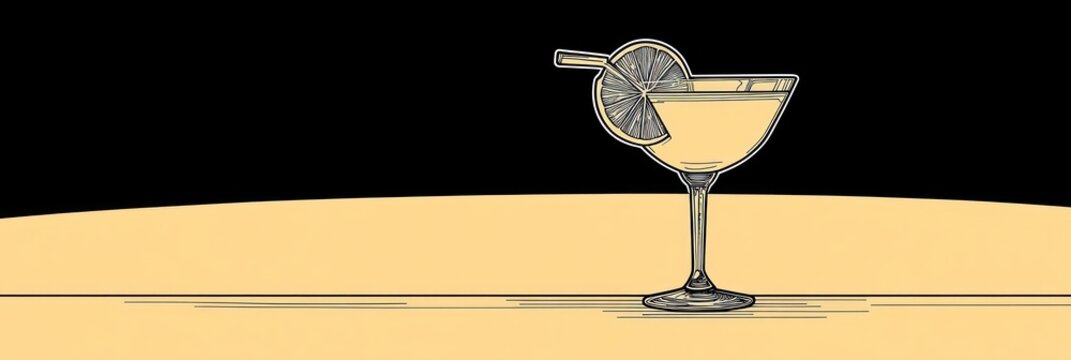 recommend clip art: Minimalist line drawing of a cocktail glass with lemon slice and straw