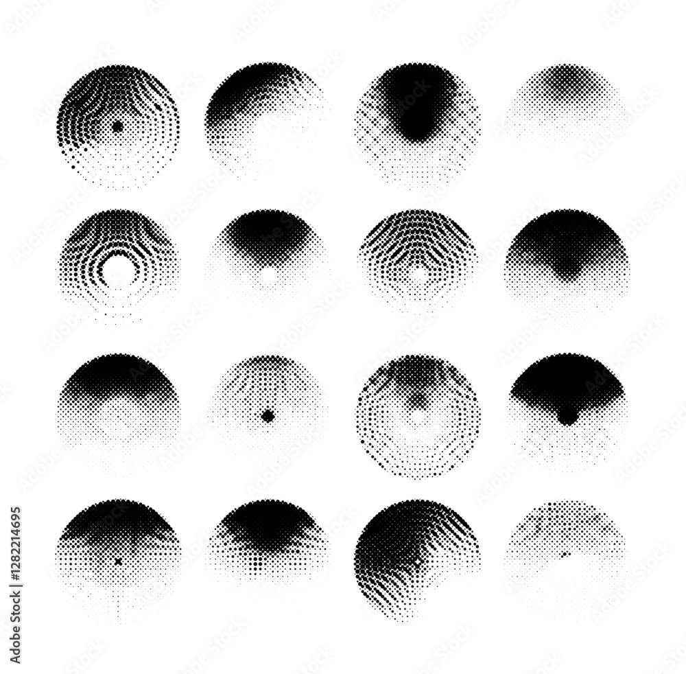 Poster Set of halftone textures featuring circular dot patterns on a white background, each with varying densities and arrangements. The minimal design highlights texture diversity, contrast, and form.
