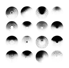 Set of halftone textures featuring circular dot patterns on a white background, each with varying densities and arrangements. The minimal design highlights texture diversity, contrast, and form.