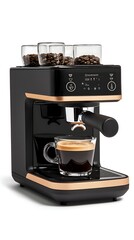Coffee Brewed by Espresso Machine with Beans in Glass Canisters for Morning Start Beverage Prep