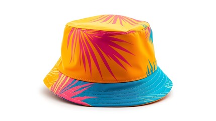 Fototapeta premium Colorful Bucket Hat with Tropical Palm Leaf Pattern Trendy Fashion Accessory Summer Headwear Isolated